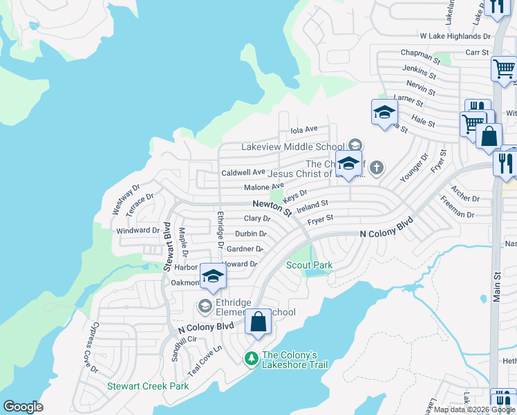 map of restaurants, bars, coffee shops, grocery stores, and more near 4145 Newton Street in The Colony