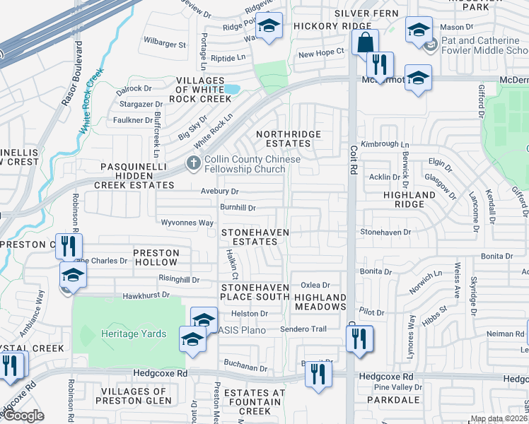 map of restaurants, bars, coffee shops, grocery stores, and more near 4320 Burnhill Drive in Plano