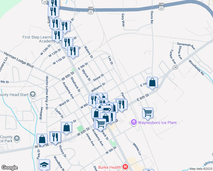 map of restaurants, bars, coffee shops, grocery stores, and more near 224 Williams Street in Waynesboro