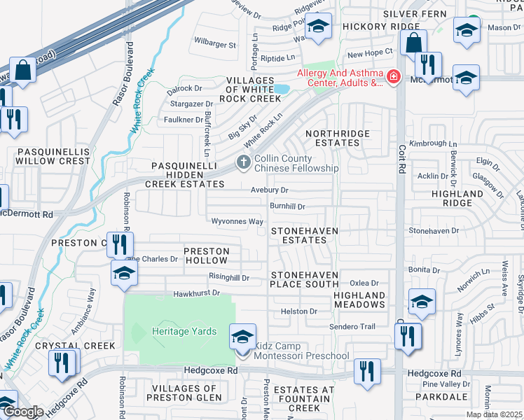 map of restaurants, bars, coffee shops, grocery stores, and more near 4500 Burnhill Drive in Plano