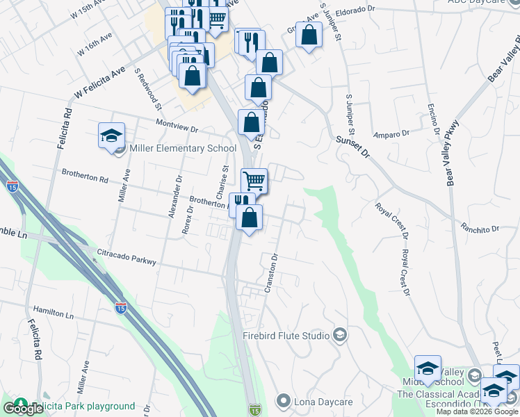 map of restaurants, bars, coffee shops, grocery stores, and more near 301-397 Brotherton Square in Escondido