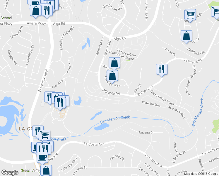 map of restaurants, bars, coffee shops, grocery stores, and more near 2347 Caringa Way in Carlsbad