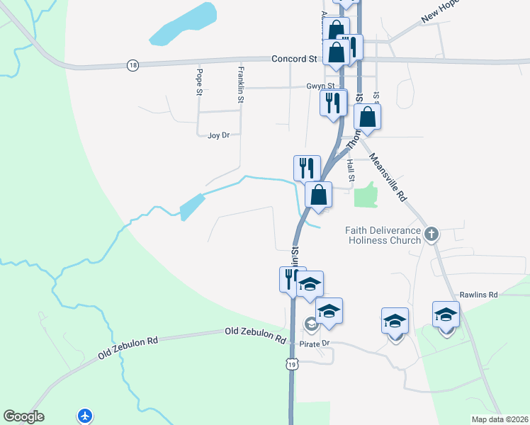 map of restaurants, bars, coffee shops, grocery stores, and more near 271 Woodland Drive in Zebulon