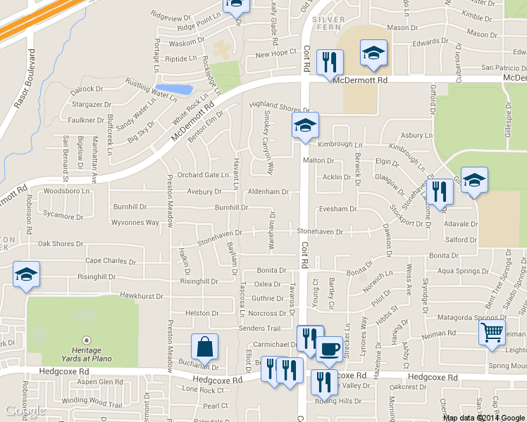 map of restaurants, bars, coffee shops, grocery stores, and more near 4113 Burnhill Drive in Plano