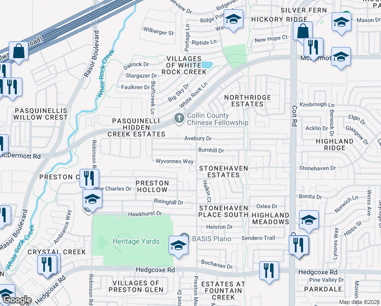 map of restaurants, bars, coffee shops, grocery stores, and more near 4500 Burnhill Drive in Plano