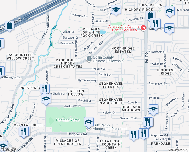 map of restaurants, bars, coffee shops, grocery stores, and more near 4500 Burnhill Drive in Plano