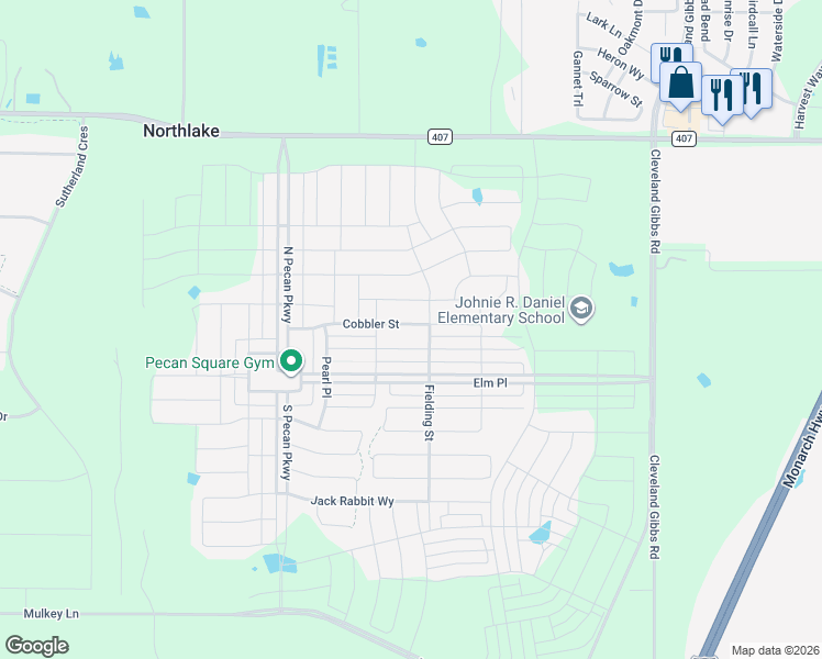 map of restaurants, bars, coffee shops, grocery stores, and more near 2413 Cobbler Street in Northlake