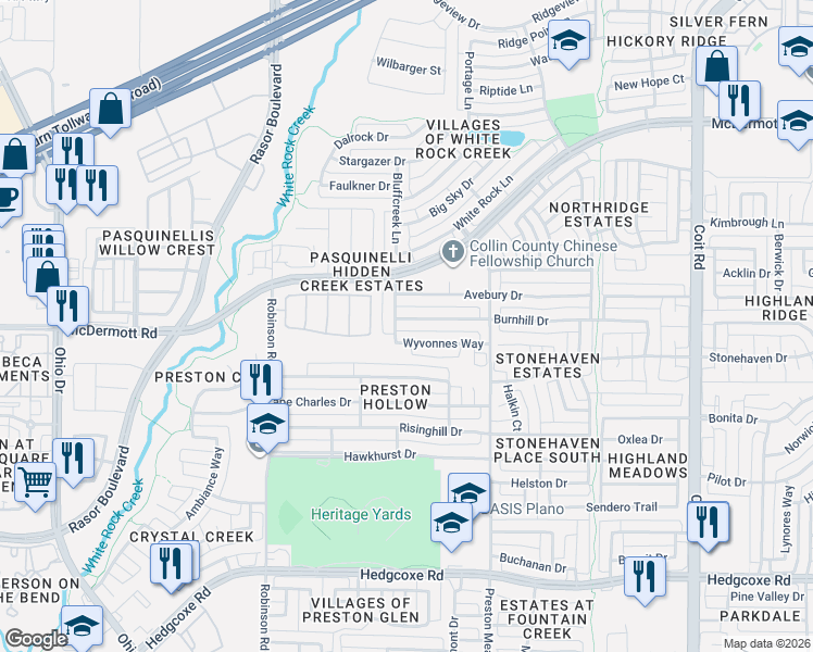 map of restaurants, bars, coffee shops, grocery stores, and more near 4528 Burnhill Drive in Plano