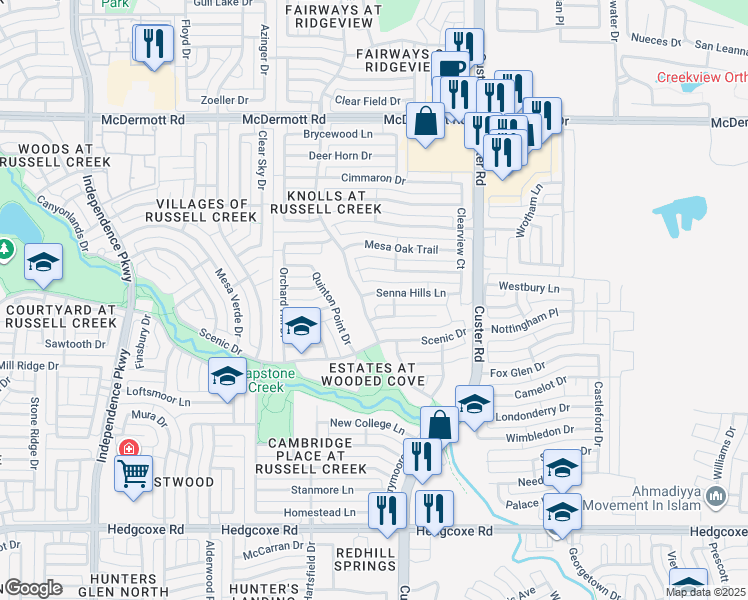 map of restaurants, bars, coffee shops, grocery stores, and more near 2416 Senna Hills Lane in Plano
