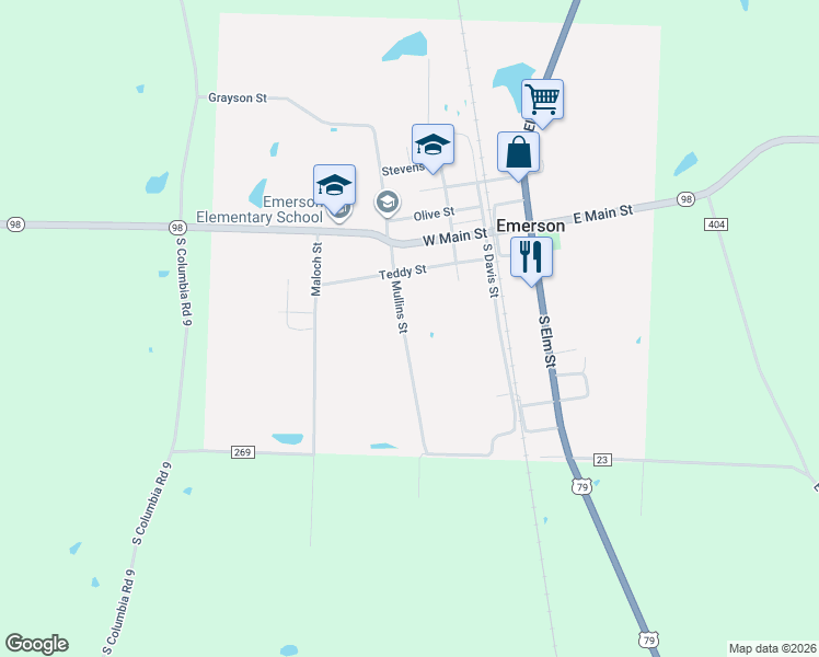 map of restaurants, bars, coffee shops, grocery stores, and more near 403 Mullins Street in Emerson