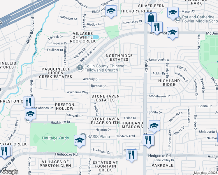 map of restaurants, bars, coffee shops, grocery stores, and more near 4320 Burnhill Drive in Plano