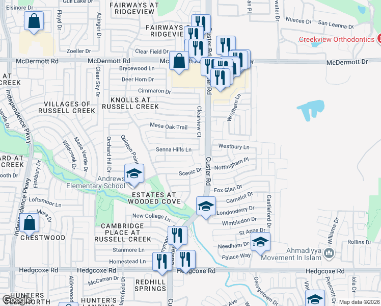 map of restaurants, bars, coffee shops, grocery stores, and more near 2212 Senna Hills Lane in Plano