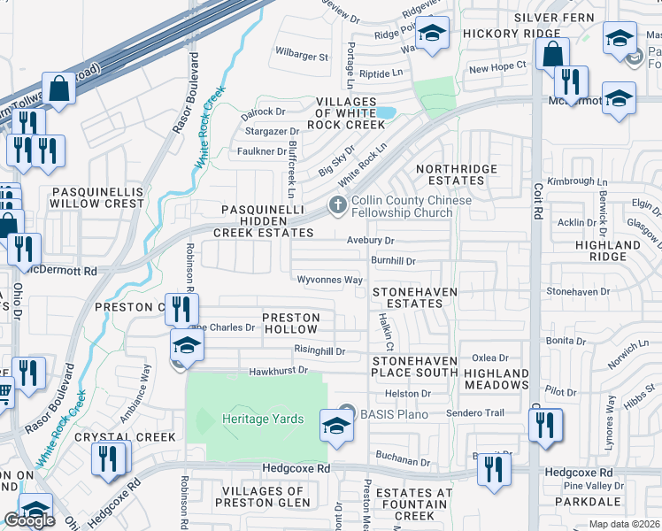 map of restaurants, bars, coffee shops, grocery stores, and more near 4514 Burnhill Drive in Plano