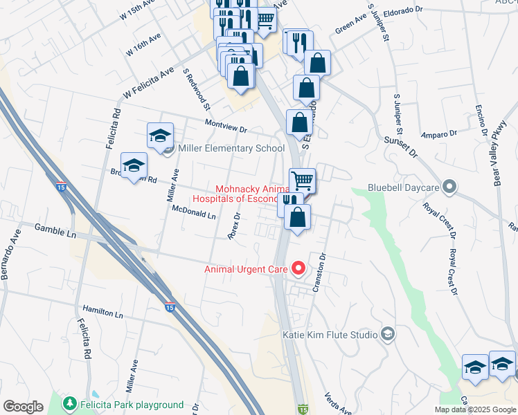 map of restaurants, bars, coffee shops, grocery stores, and more near 449 Brotherton Road in Escondido