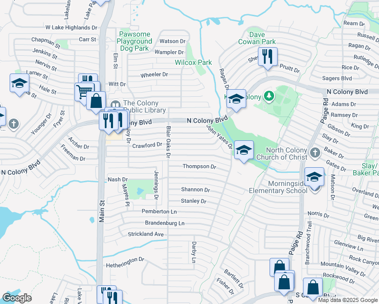 map of restaurants, bars, coffee shops, grocery stores, and more near 5036 Crawford Drive in The Colony