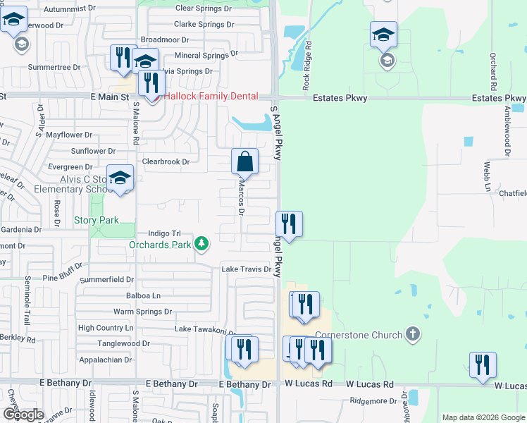 map of restaurants, bars, coffee shops, grocery stores, and more near 1811 Barton Springs Court in Allen
