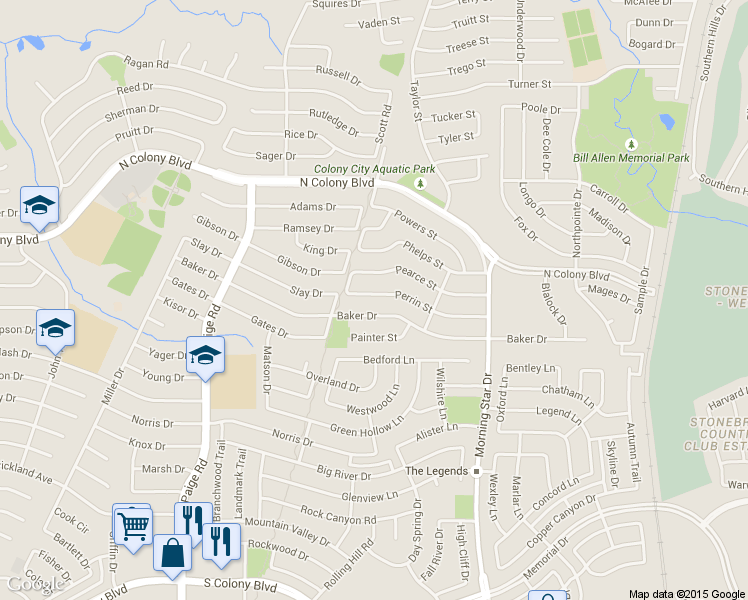 map of restaurants, bars, coffee shops, grocery stores, and more near 5624 Perrin St in The Colony