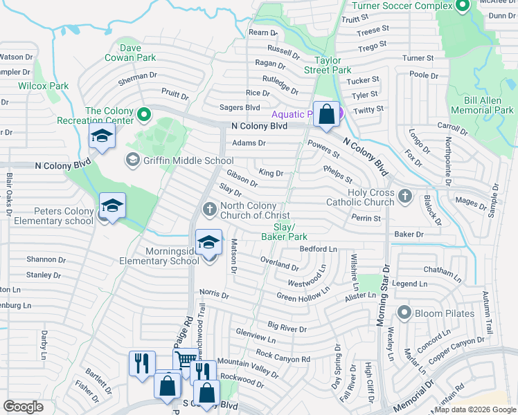 map of restaurants, bars, coffee shops, grocery stores, and more near 5512 Slay Drive in The Colony