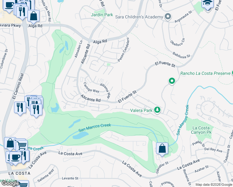 map of restaurants, bars, coffee shops, grocery stores, and more near 7495 Altiva Place in Carlsbad
