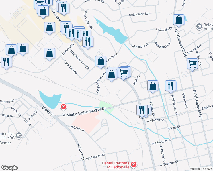 map of restaurants, bars, coffee shops, grocery stores, and more near 1498 N Columbia St in Milledgeville