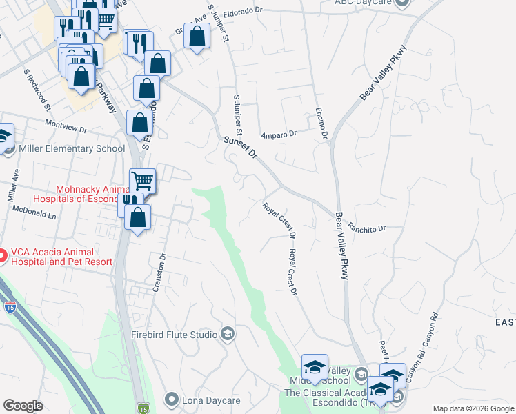 map of restaurants, bars, coffee shops, grocery stores, and more near 2357 Royal Crest Drive in Escondido