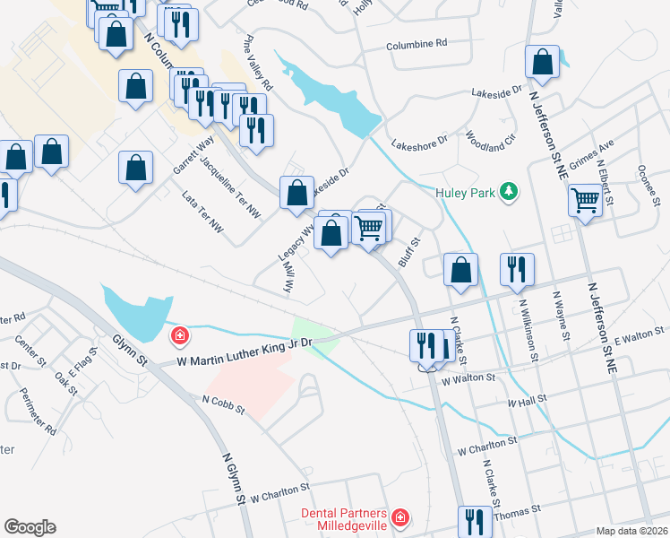 map of restaurants, bars, coffee shops, grocery stores, and more near 1400 North Columbia Street in Milledgeville