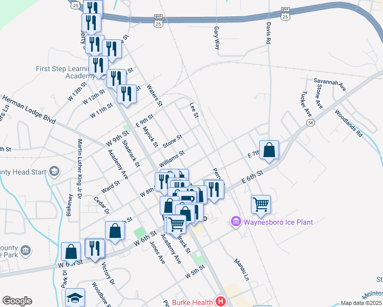 map of restaurants, bars, coffee shops, grocery stores, and more near 224 Williams Street in Waynesboro