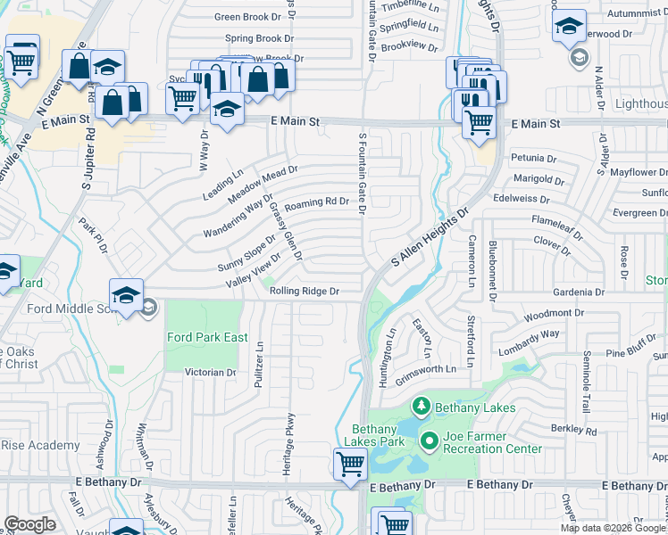 map of restaurants, bars, coffee shops, grocery stores, and more near 811 Grassy Glen Drive in Allen