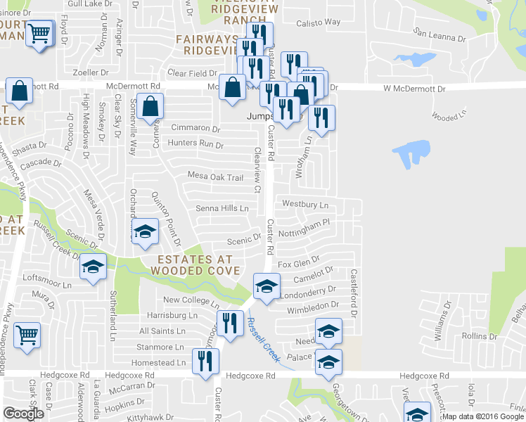 map of restaurants, bars, coffee shops, grocery stores, and more near 8500 Custer Road in Plano