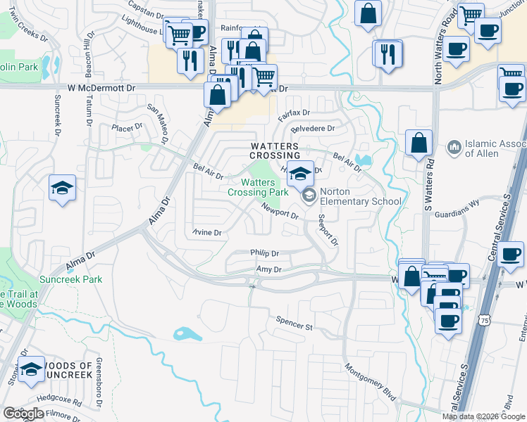 map of restaurants, bars, coffee shops, grocery stores, and more near 507 Riverside Court in Allen