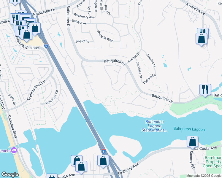 map of restaurants, bars, coffee shops, grocery stores, and more near 7356 Melodia Terrace in Carlsbad