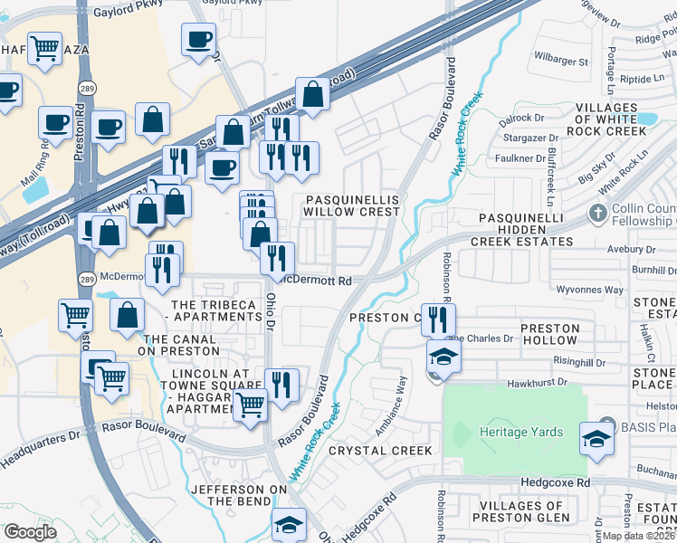 map of restaurants, bars, coffee shops, grocery stores, and more near 8606 Empire Boulevard in Plano