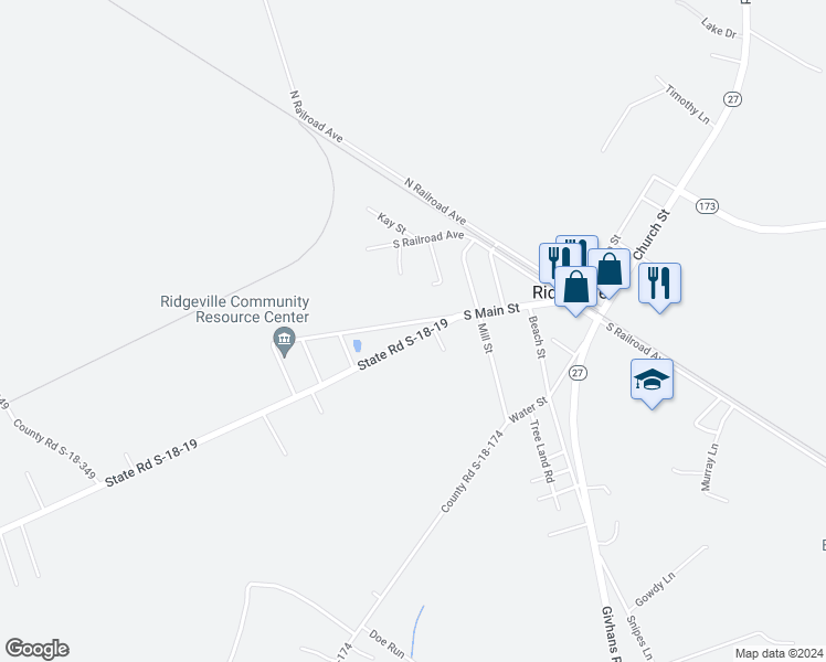 map of restaurants, bars, coffee shops, grocery stores, and more near 311 South Main Street in Ridgeville