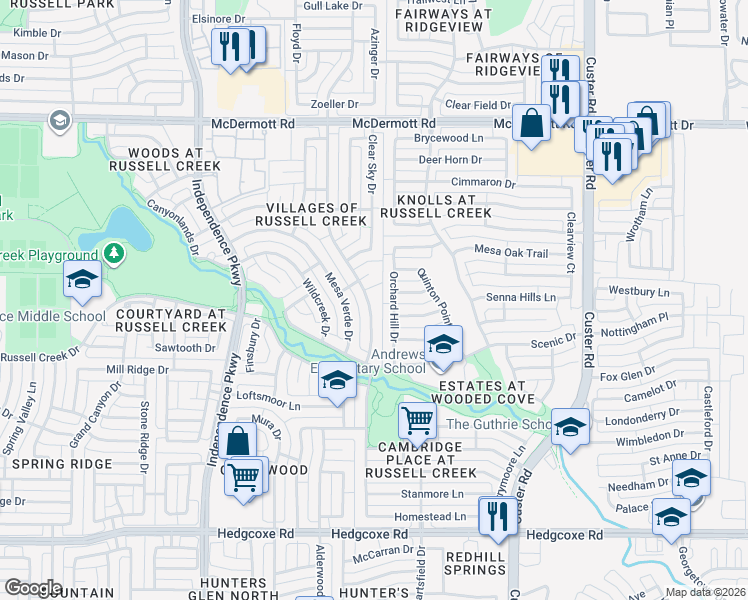 map of restaurants, bars, coffee shops, grocery stores, and more near 8500 High Meadows Drive in Plano