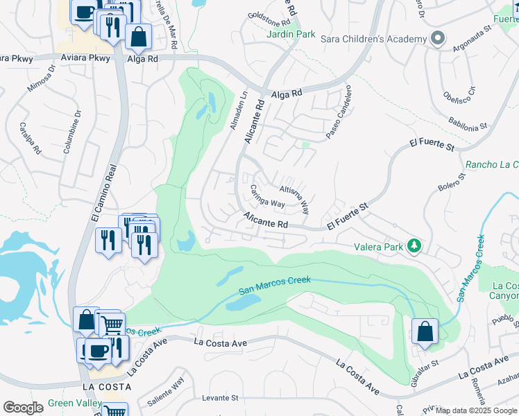 map of restaurants, bars, coffee shops, grocery stores, and more near 2353 Caringa Way in Carlsbad