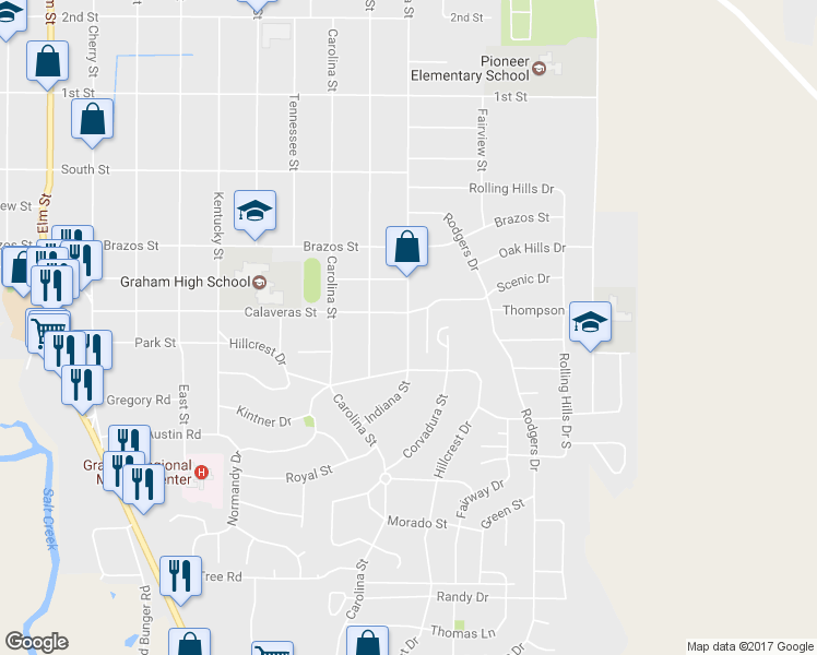 map of restaurants, bars, coffee shops, grocery stores, and more near 1205 Indiana Street in Graham