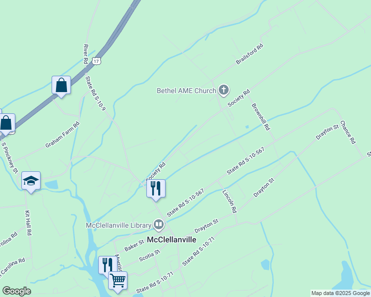 map of restaurants, bars, coffee shops, grocery stores, and more near 416 Beulah Drive in McClellanville