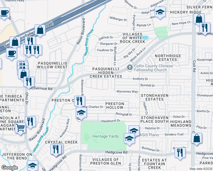 map of restaurants, bars, coffee shops, grocery stores, and more near 8517 Forest Highlands Drive in Plano