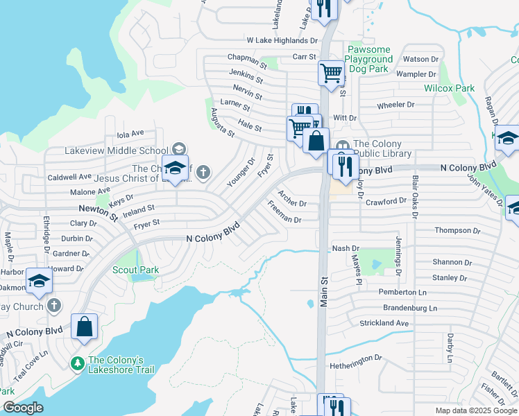 map of restaurants, bars, coffee shops, grocery stores, and more near 4600 Queen Circle in The Colony