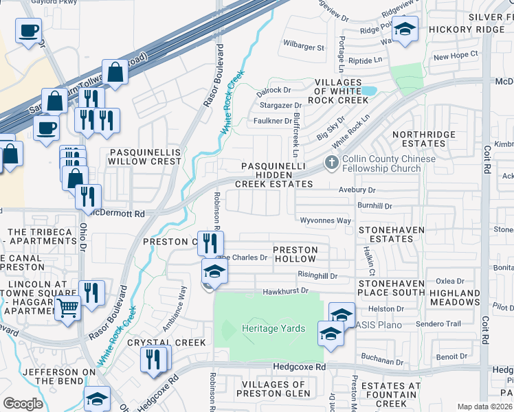 map of restaurants, bars, coffee shops, grocery stores, and more near 8516 Heather Ridge Drive in Plano