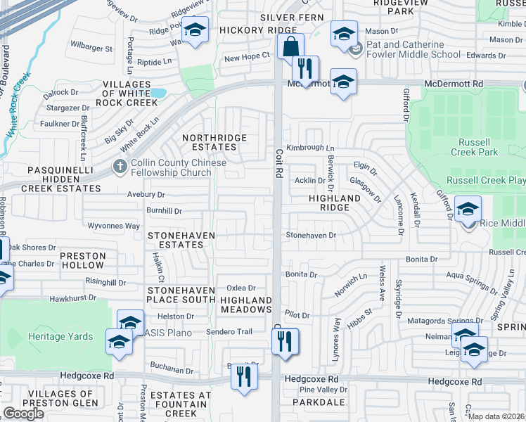 map of restaurants, bars, coffee shops, grocery stores, and more near 8517 Maltby Court in Plano