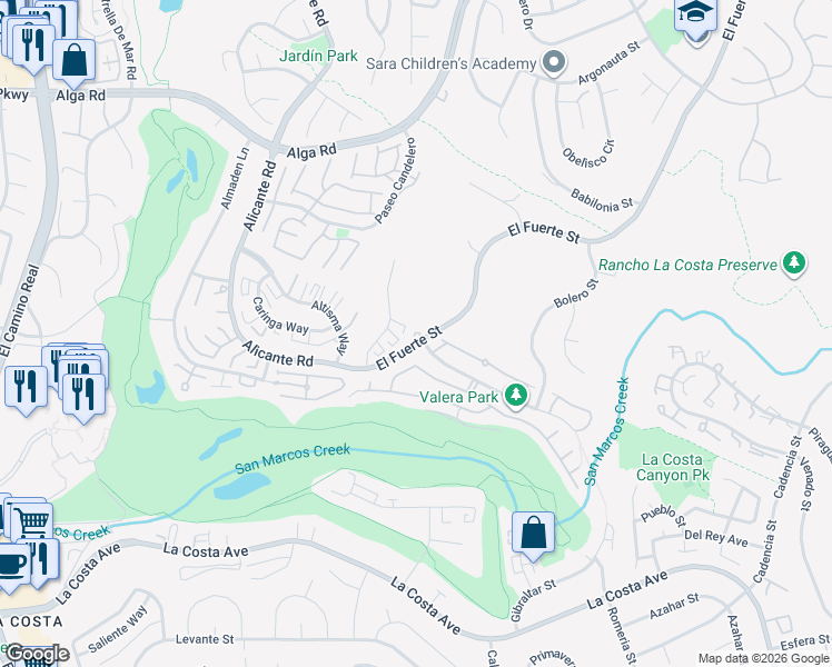 map of restaurants, bars, coffee shops, grocery stores, and more near 7480 Alicante Road in Carlsbad