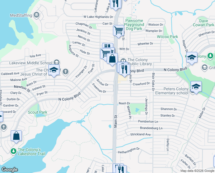 map of restaurants, bars, coffee shops, grocery stores, and more near 4641 Archer Drive in The Colony