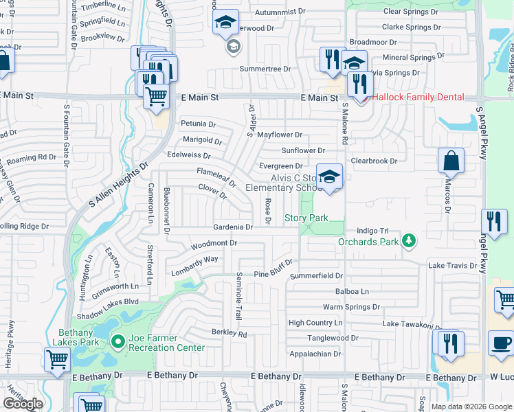 map of restaurants, bars, coffee shops, grocery stores, and more near 503 Flameleaf Drive in Allen