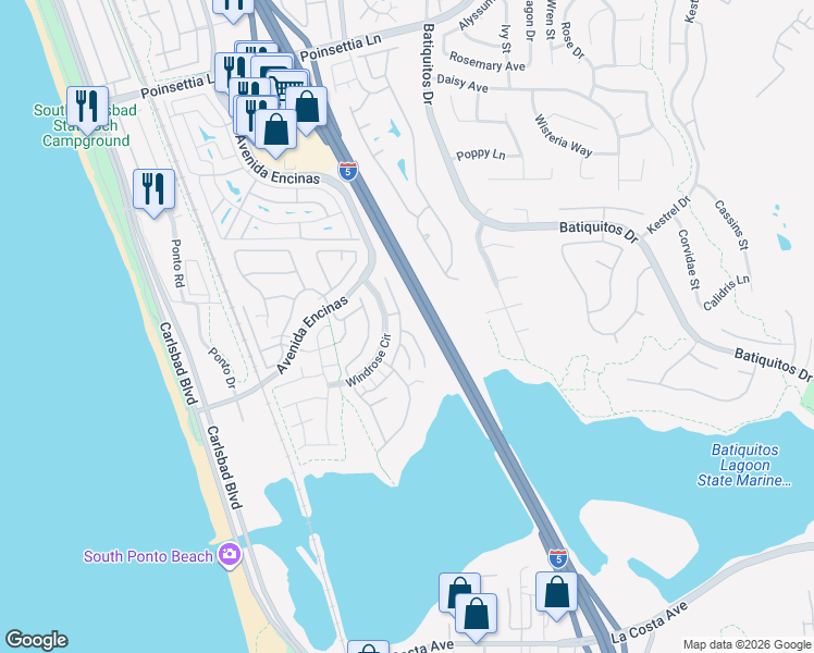map of restaurants, bars, coffee shops, grocery stores, and more near 7452 Neptune Drive in Carlsbad