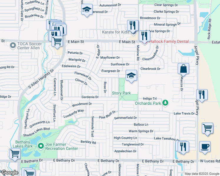 map of restaurants, bars, coffee shops, grocery stores, and more near 502 Nandina Drive in Allen