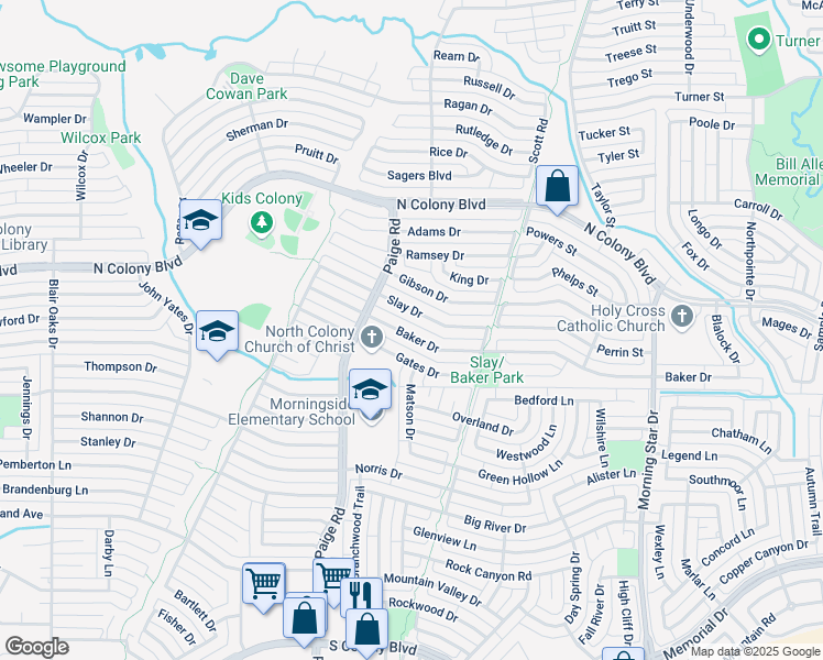 map of restaurants, bars, coffee shops, grocery stores, and more near 5433 Baker Drive in The Colony