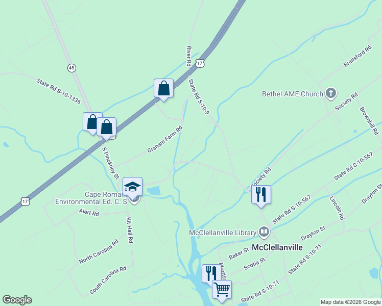 map of restaurants, bars, coffee shops, grocery stores, and more near 2 Warren Drive in McClellanville