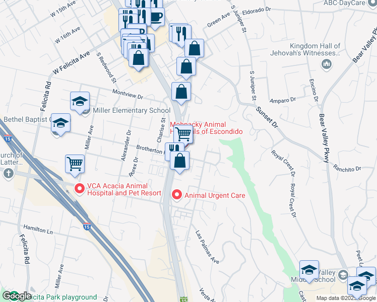map of restaurants, bars, coffee shops, grocery stores, and more near 327 Brotherton Square in Escondido
