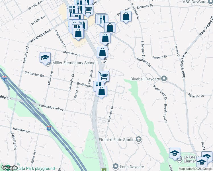 map of restaurants, bars, coffee shops, grocery stores, and more near 327 Brotherton Square in Escondido